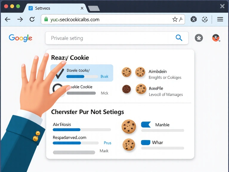 Ilustración de un usuario configurando las opciones de privacidad y cookies en un navegador web, con controles deslizantes y casillas de verificación.