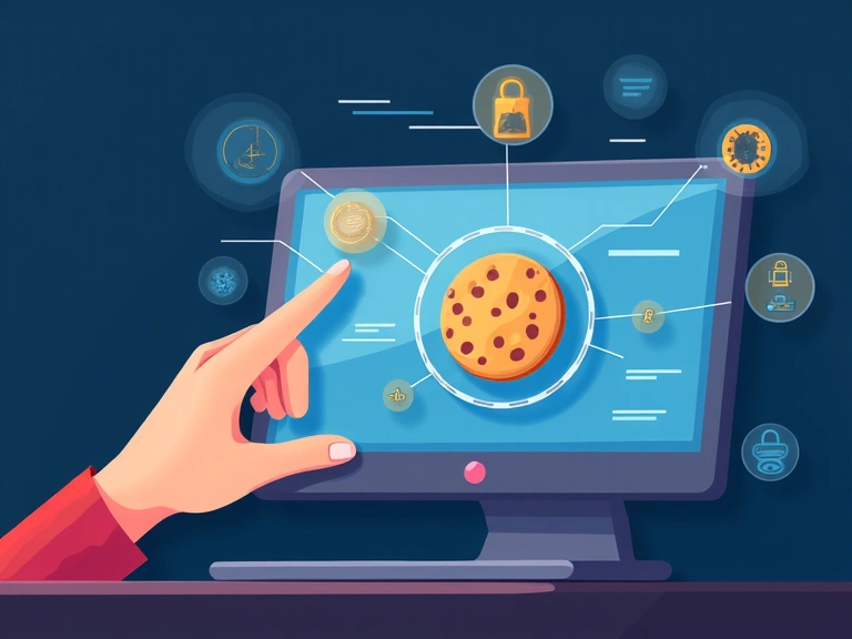 Ilustración de una mano interactuando con una cookie digital en una pantalla de ordenador, representando la política de cookies y privacidad.